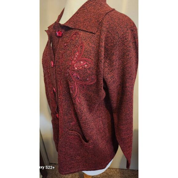 C53 TC Fashion red sweater cardigan floral ribbon & sequin design flower buttons - Picture 3 of 10